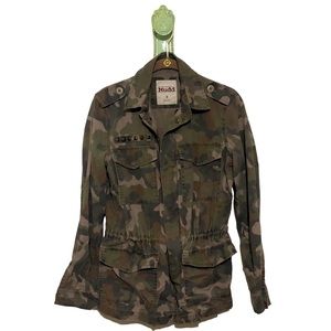Military Camo Jacket Cargo Shacket Blazer Coat Studs Drawstring Waist Khaki Gold